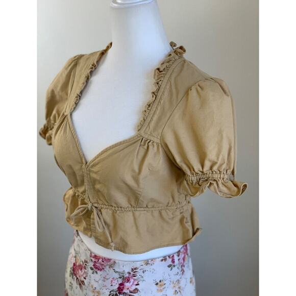 Free People Milkmaid Peasant Cropped Blouse Top XS Tan Brown Puff Short Sleeve - Picture 2 of 10